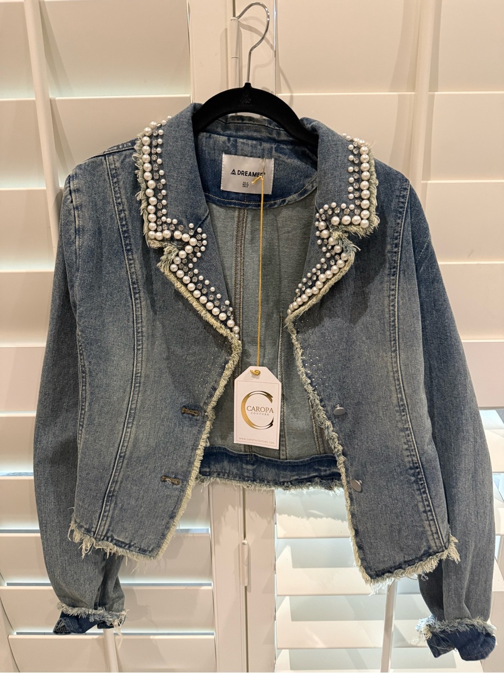 Dreamers Pearl-Trim Frayed Blue Denim Jacket
